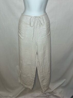 GUC DKNY Pure Lightweight Cream Linen Drawstring Wide-Leg Pants size Large